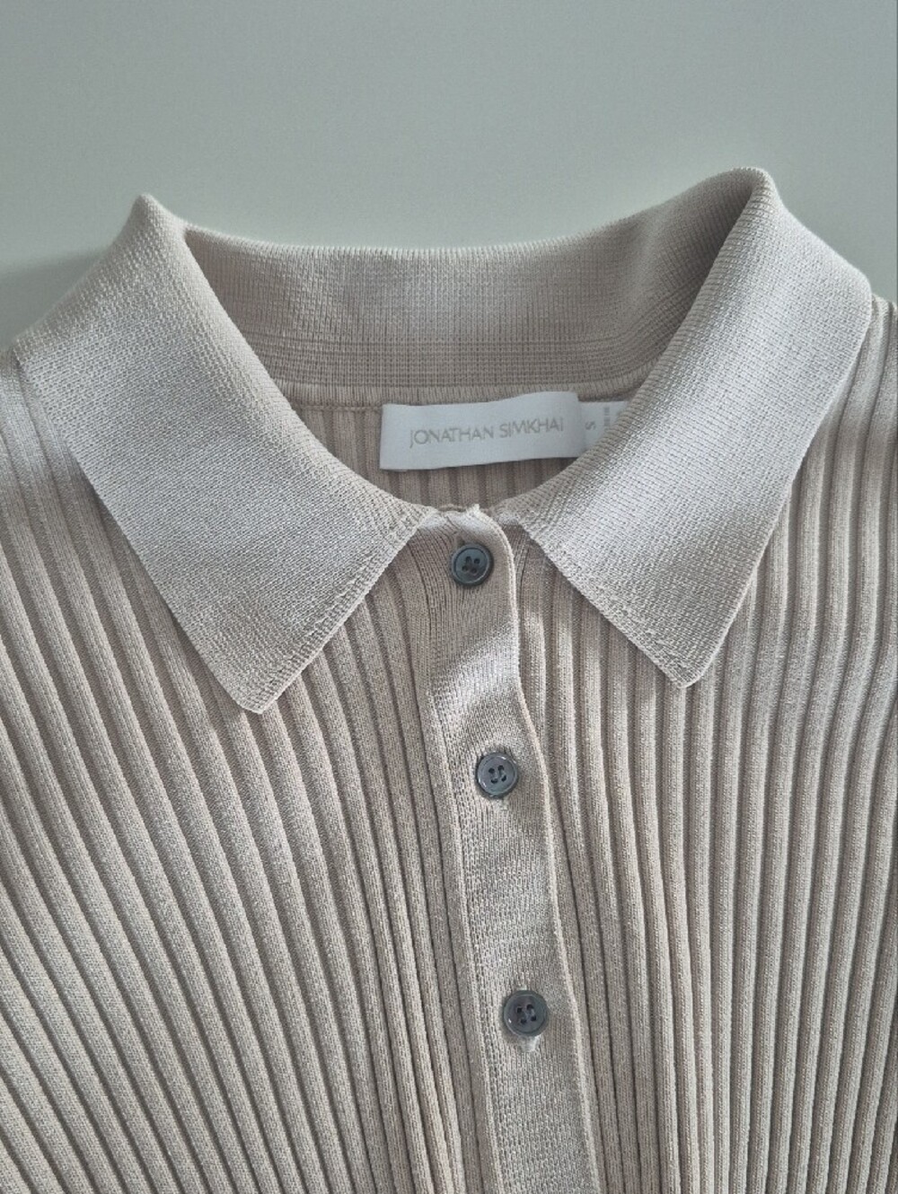 Simkhai Ribbed Collared Button-Front Beige Crop Sweater, Small - Picture 9 of 16
